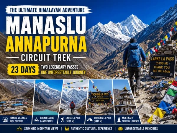 Manaslu Annapurna Circuit Trek guide featuring Larke La Pass, Thorong La Pass, and panoramic Himalayan mountain views in Nepal