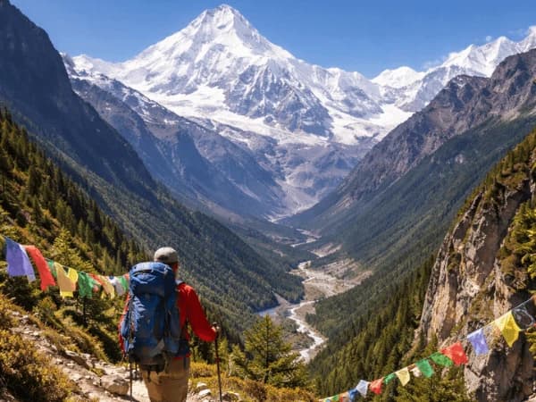 Trekker in Manaslu with Mountain