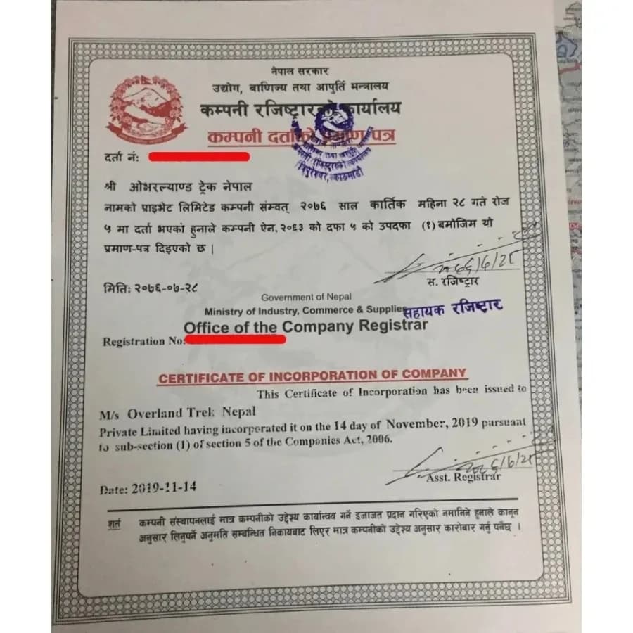 Company Certificate of Incorporation Overland Trek Nepal