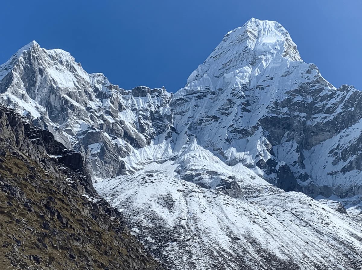Ama Dablam (6,812m) rising above the Khumbu Valley in the Everest region, viewed during the Everest Base Camp Trek in Nepal.