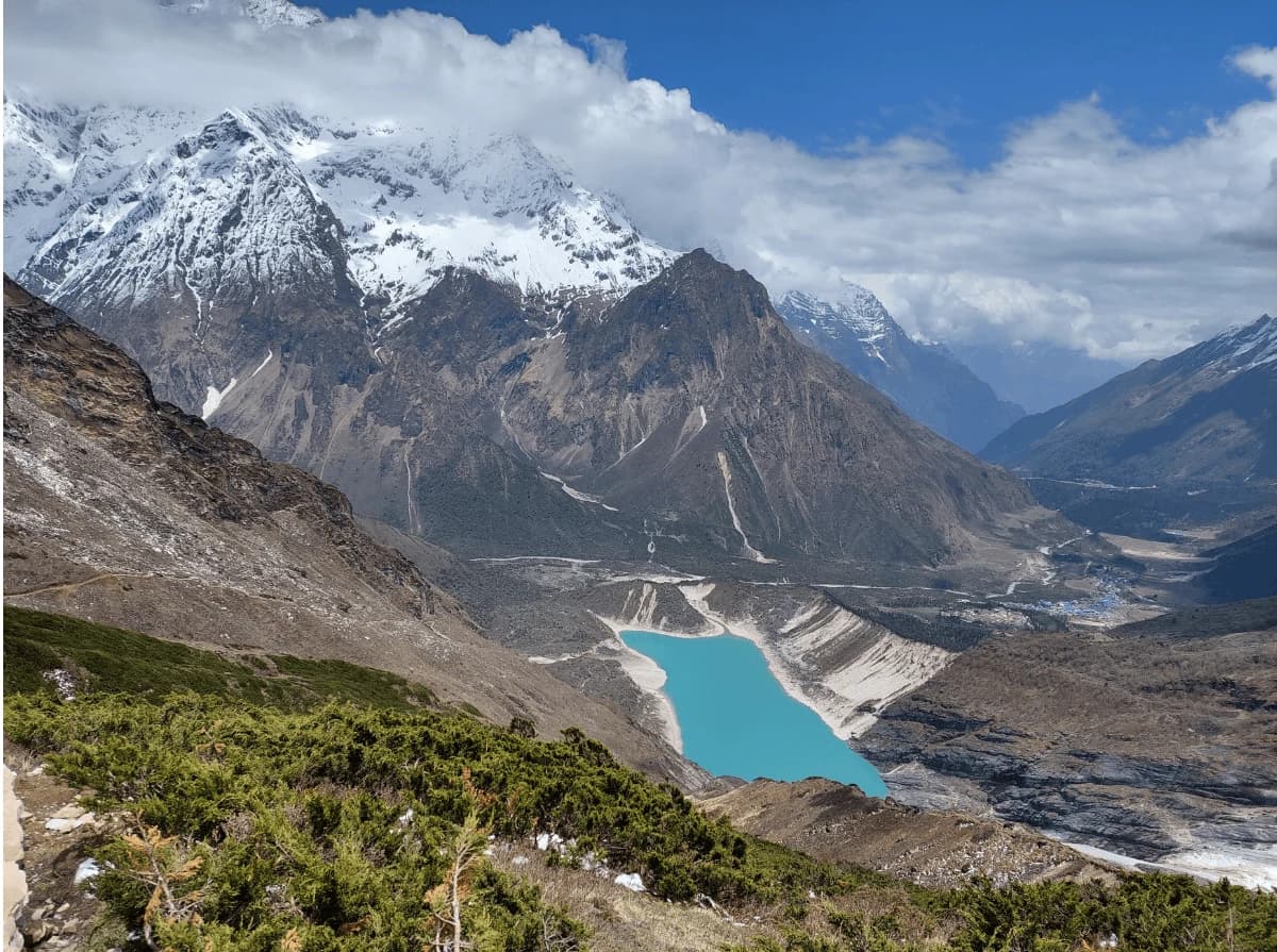 Birendra Lake and Sama Gaun viewed from Manaslu Base Camp during the 14 Days Manaslu Circuit Trek in Nepal.