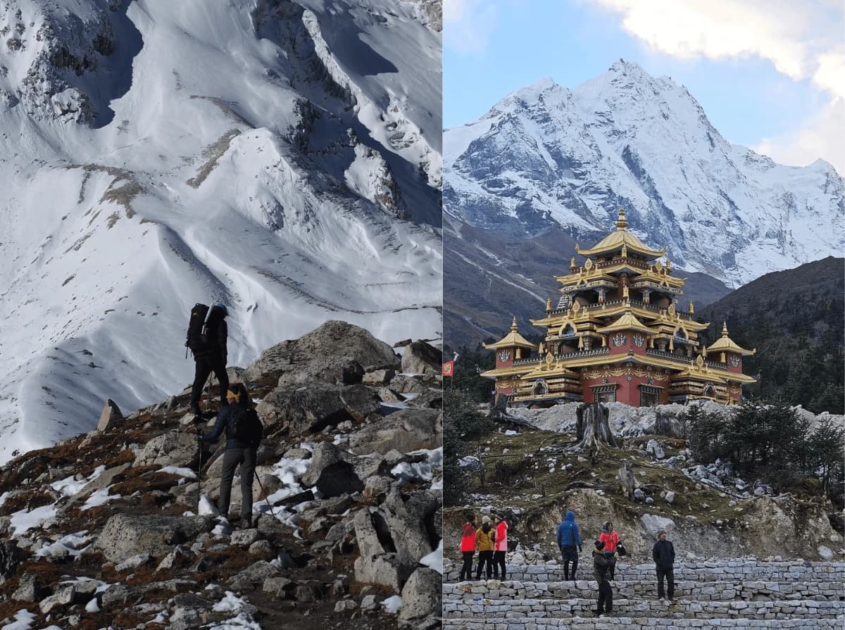 Traditional Buddhist gompa with Himalayan mountain views along the Manaslu Annapurna Circuit Trek in Nepal.