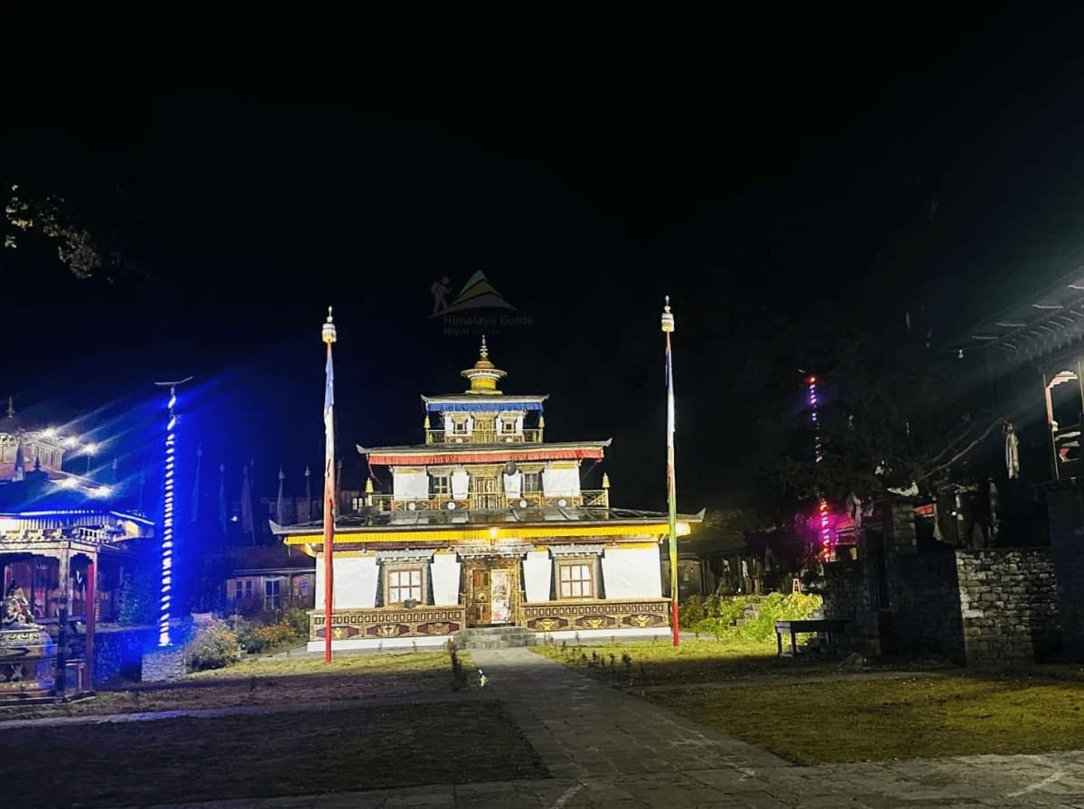 Serang Gompa illuminated at night during the Manaslu Circuit Trek with Serang Gompa