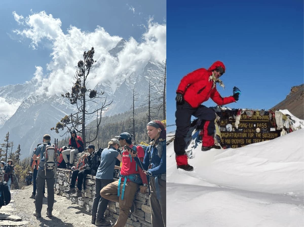 Trekkers resting and enjoying the Himalayan scenery during the Manaslu Annapurna Circuit Trek in Nepal.
