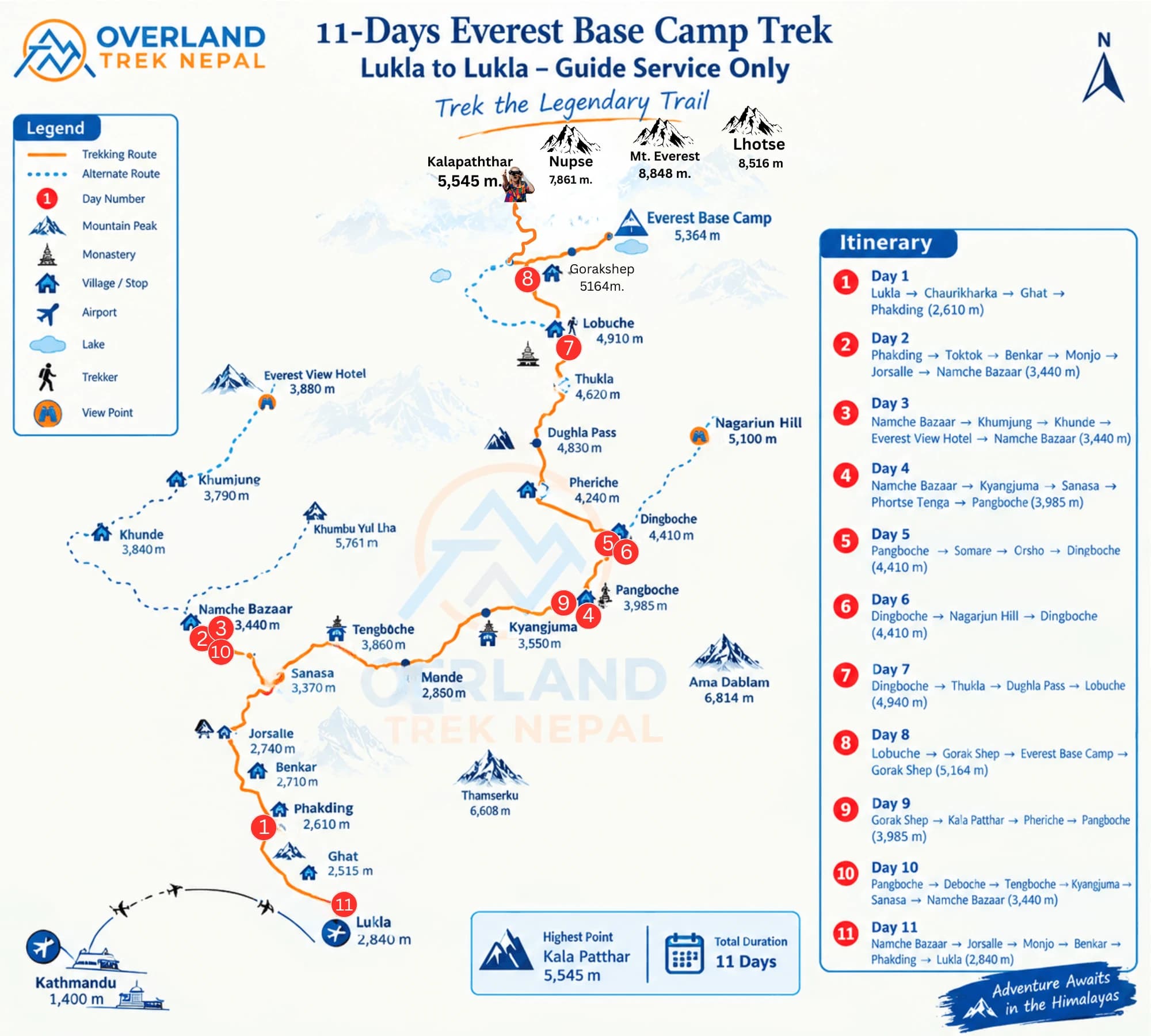 11 Days Everest Base Camp Trek Lukla to Lukla Guide Service Itinerary Map