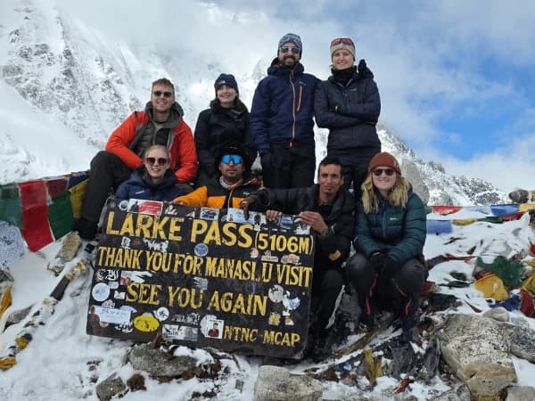 Overland Trek Nepal team on the top of Larkela Manaslu